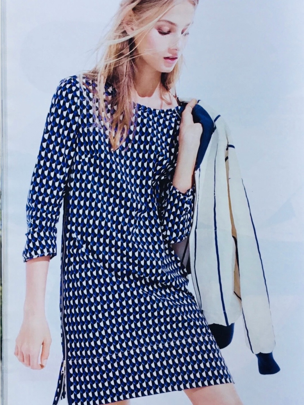 J.Crew Geometric Blue Black White Shift Dress Side Zippers cotton Size 8